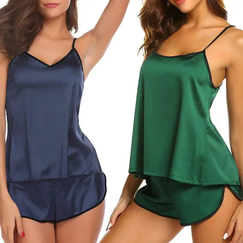

Women Ice Silk Sleeveless Pajamas Set Sexy V-Neck Tank Top Slit Shorts Sleepwear
