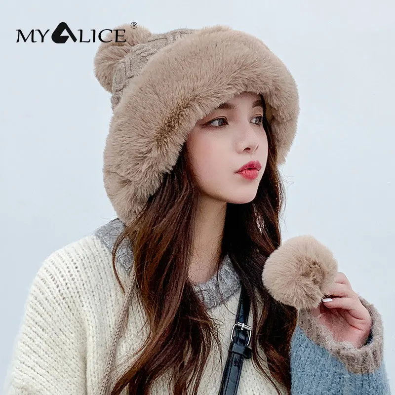 

MYALICE Winter Women Cotton cashmere Hedging Cap Three fur balls Decorate Keep warm Plus Velvet Knitted Hat Gift Wholesale