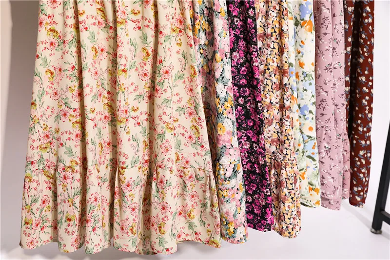 

Vintage Floral Print Dress Women Fashion Summer Short-Sleeve V-neck Chiffon Dress Elastic Waist Slim Sweet Ruffle Party Dresses