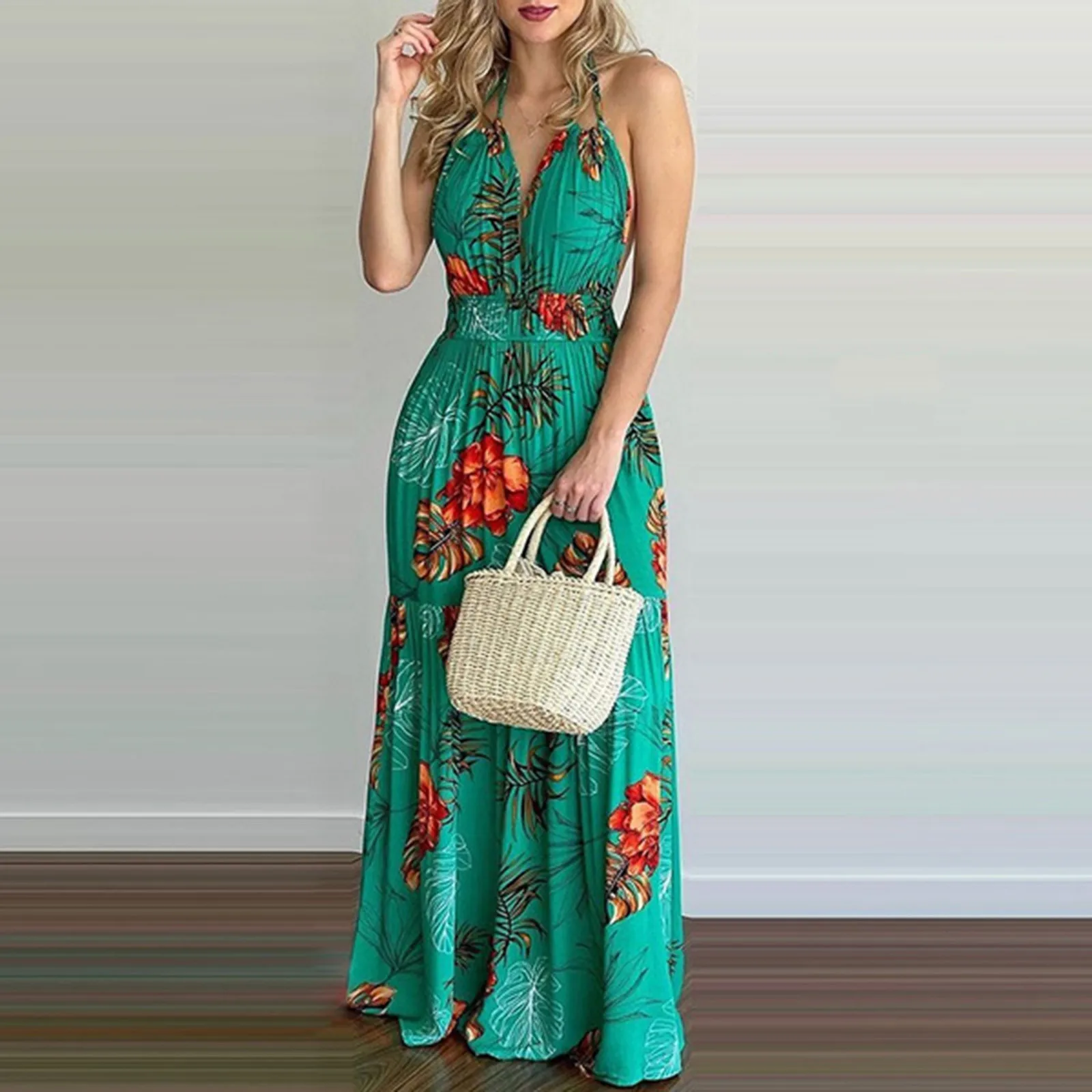 

Women Tropical Print Long Dress Bohemia Halter Backless Maxi Dress Sexy Sleeveless Ruffle Beach Dress Vestido De Mujer Clothing