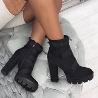 high platform ankle boots for women 12cm thick high heels boots fashion ladies autumn winter worker shoes black big size 36 43