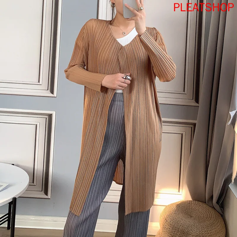 

MIYAKE Pleated Cardigan Coat Early Autumn New Fashion Simple Loose Long Sleeve All-match Long Trench Coat Women Abrigo Mujer