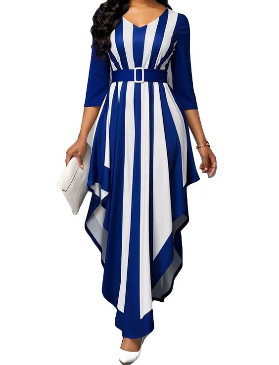 

Женское асимметричное платье с высокой талией, V-образным вырезом и принтом в полоску