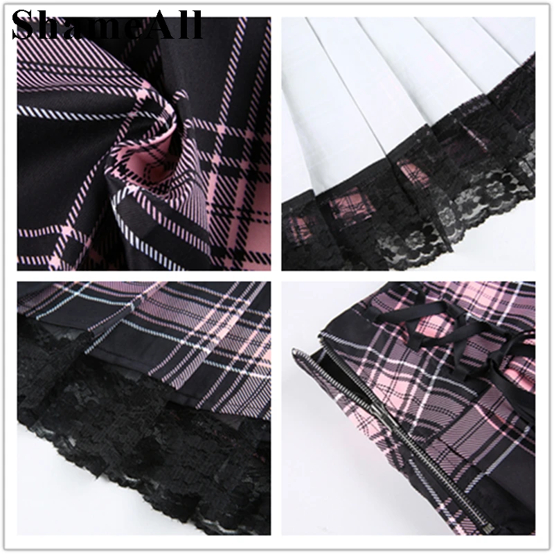 

Black Mall Goth Aesthetic Pleated Plaid Skirts Cosplay Women Lace Trim E Girl Tie Up Pink Mini Skirt Steampunk Dark Academia Y2K