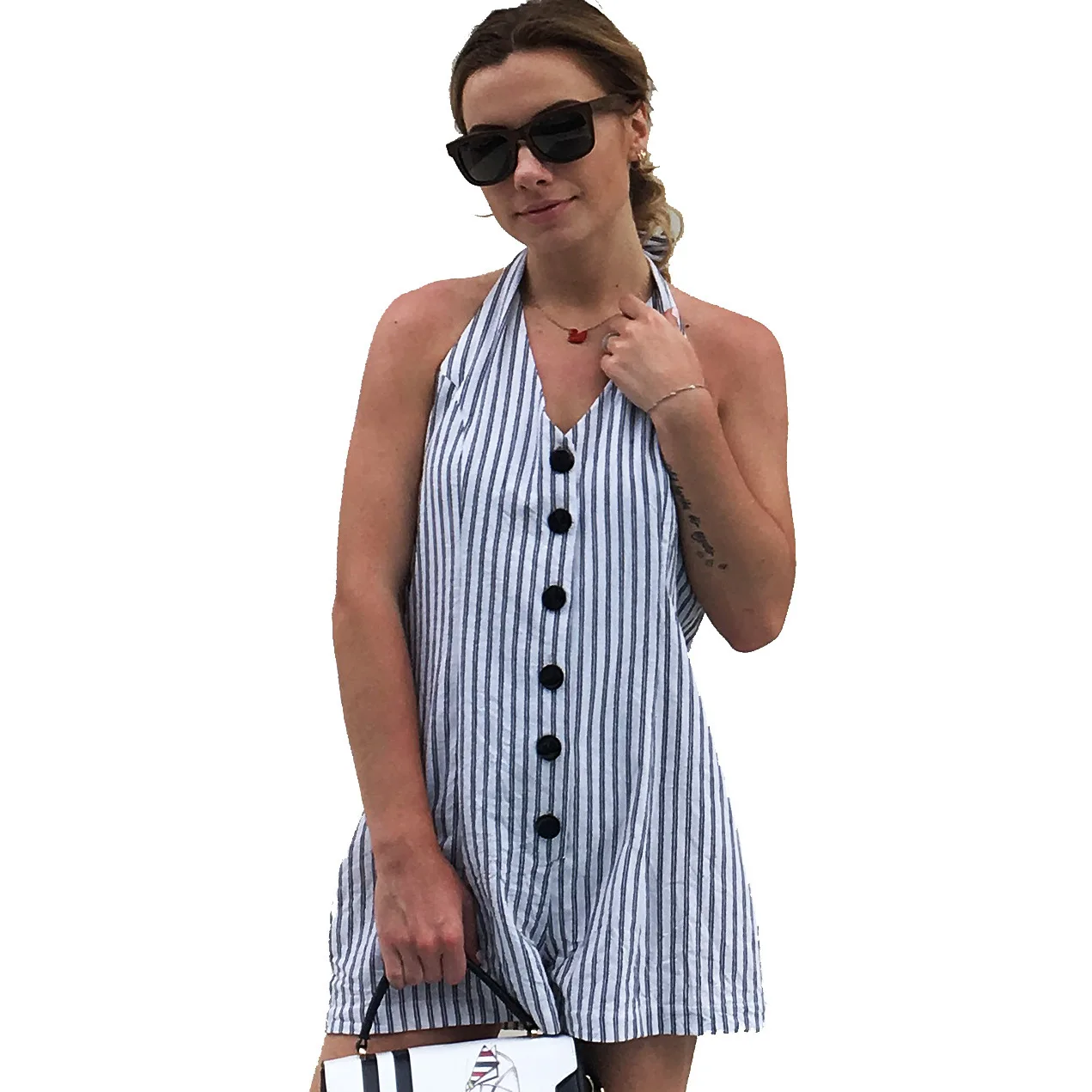 

Stripes Sleeveless Beach Holiday Playsuits Backless Rompers Women Jumpsuit