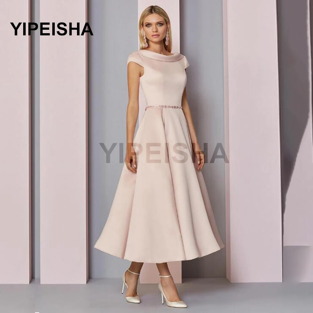 

Latest Classic Blush Tea Length Prom Dresses O Neckline With Cap Sleeve Party Gowns A-Line Gowns Backless вееѬние плая