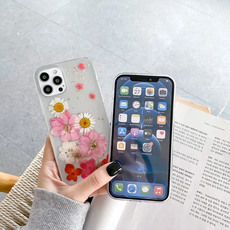 

Fashion transparent drops of sweet and beautiful dried flowers case For iPhone 12mini 12 11 pro max X XR XS Max 7 8 plus