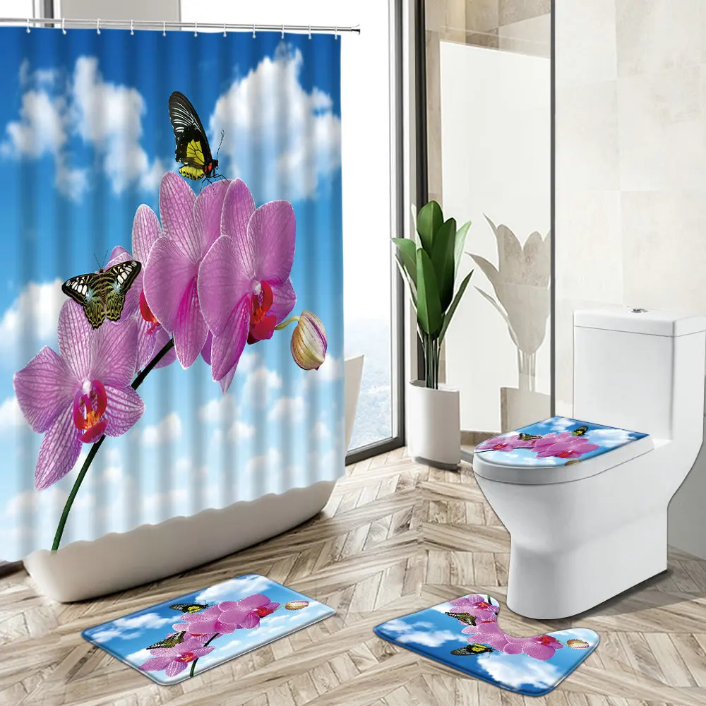 Miglior Zen Set Tenda Da Doccia Spa Acqua Orchidea Fiore Pietra Verde Bambù Antiscivolo Piedistallo Tappeto Copriwater Tappetino Da Bagno Casa Bagno Deco