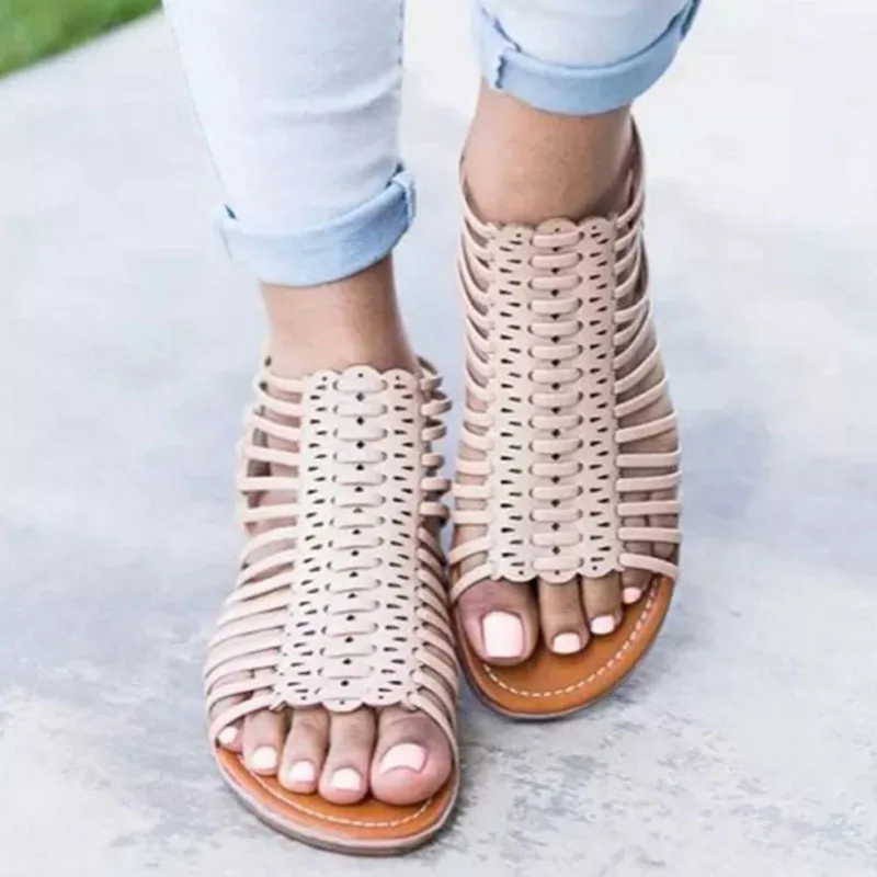 

Beige Heeled Sandals Large Size Flat Summer Shoes Woman Black Gladiator Big Without Comfort Girls 2021 Back Strap Casual Zip Sol