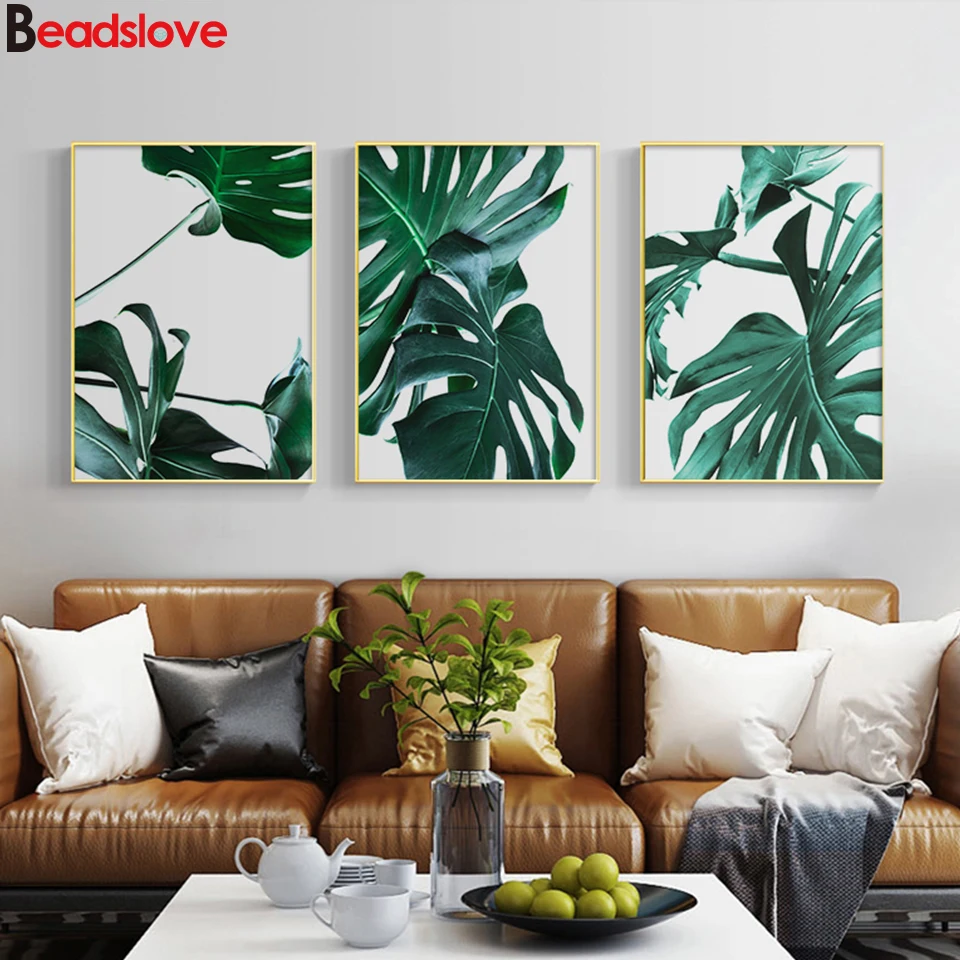 

Triptych Modern tropical plants Diamond Painting Landscape full square round drill Mosaic full Embroidery Diamond Leaves Art,