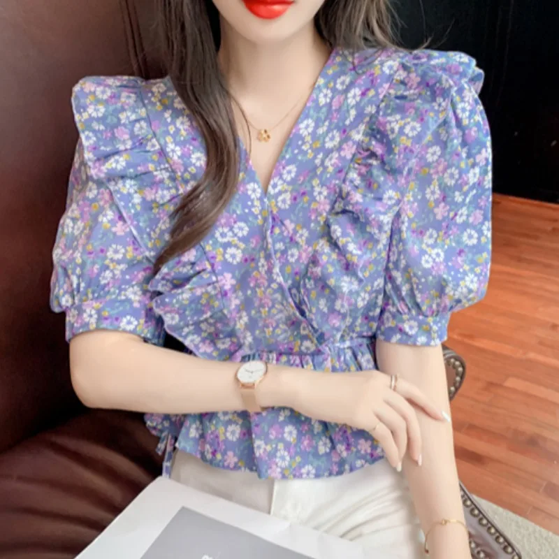

ZAWAHIKI Elegant Tender Sweet Floral Blouse Women Summer V Neck Ruffles Slim Waist Puff Sleeve Tops Fashion Short Blusas Mujer