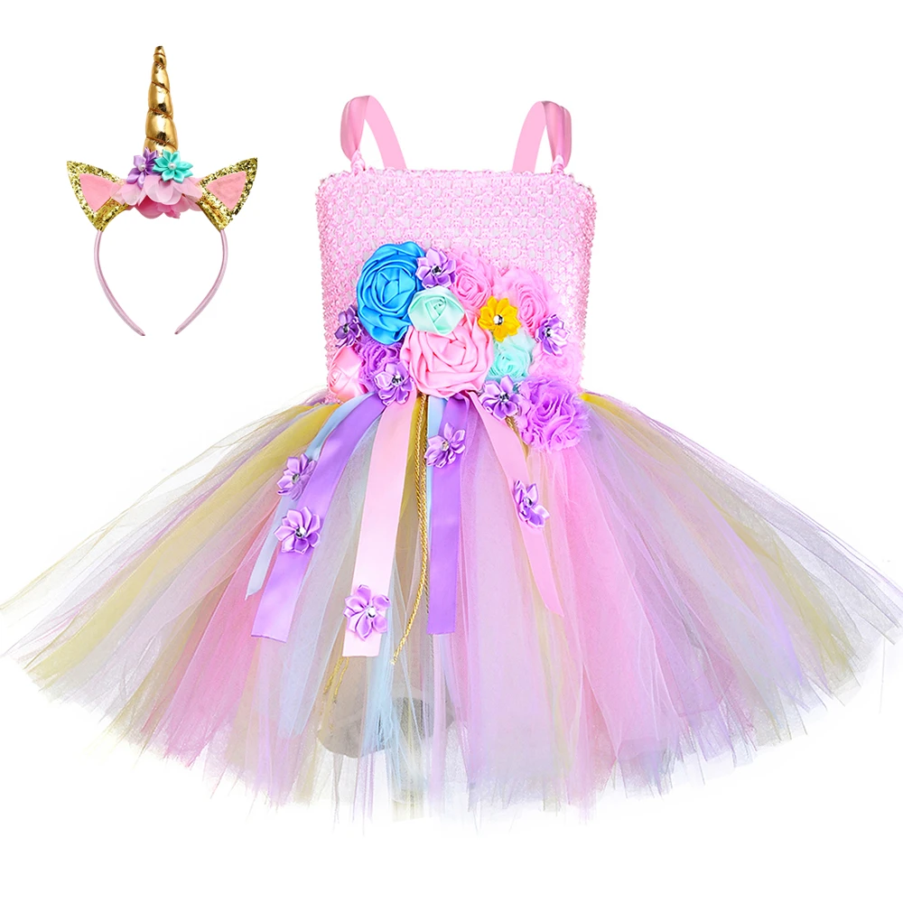 1 Set Girls Unicorn Tutu Dress Outfit Pink Pastel Flowers Birthday Party for Kids Girl Halloween Carnival Costume | Детская одежда и