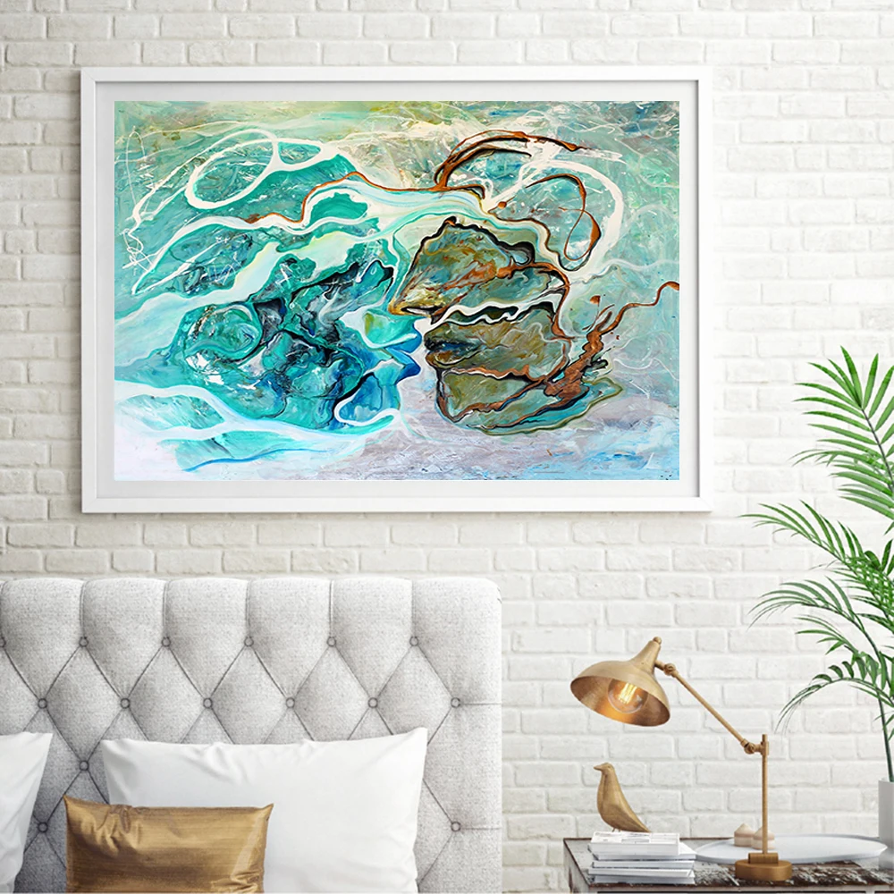 

Nordic Water Wave Abstract Poster Canvas Painting Green Sea Landscape Picture Wall Art For Bedroom Living Room Decor Unstretched