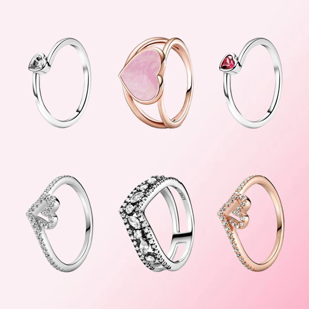

2021 Valentine's Day 925 Silver Colours Pink Swirl Heart Statement Wish Sparkling Wishbone Heart Tilted Heart Solitaire Ring