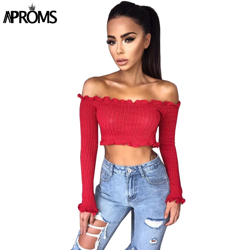 Aproms белый вязаный Топ Sexy с плеча оборками Безрукавки для женщин Для женщин короткие Футболки для девочек вязать футболка Повседневное 90 s Прохладный уличной топики женские