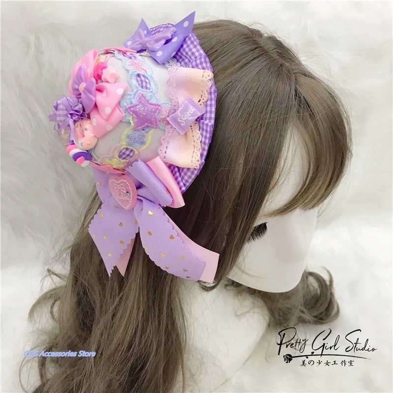 

Japanese Original Handwork Gorgeous Lolita Purple Powder Hair Accessories Lace Bowknot Love Headband Girls Top Hat Headdress New