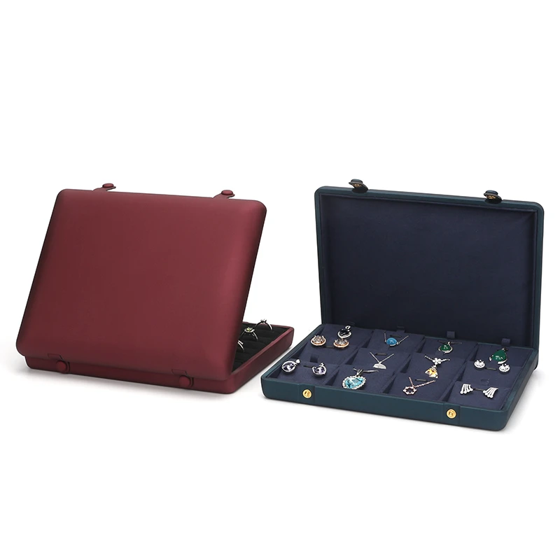 Flat Red Pu Leather Concealed Button Pendant Earring Storage Tray For Counter Window Display Built-in 12 Cells Velvet Card Slot