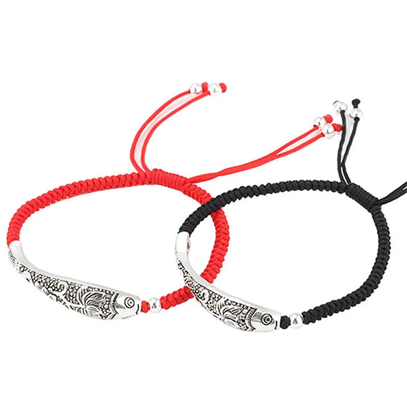 

Tibetan silver Color Fish Lucky Red Rope Bracelet For Women And Men Adjustable Handmade Amulet Thread Bracelet Jewelry Gift