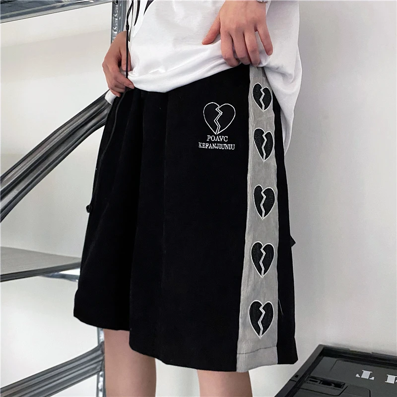

New Summer Shorts Women Knee Pants Streetwear Cotton Loose Elastic Waist Tie Love Embroidery Color Matching Harajuku Man Shorts