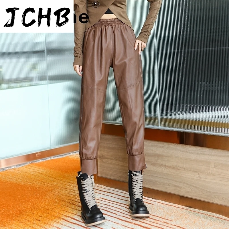 Bestellen SHZQJCHB Streetwear Frauen Hosen Echtem Leder Hosen Frau Echt Schaffell Breite Bein Hosen Oversize Stil Frau Hosen TN1309