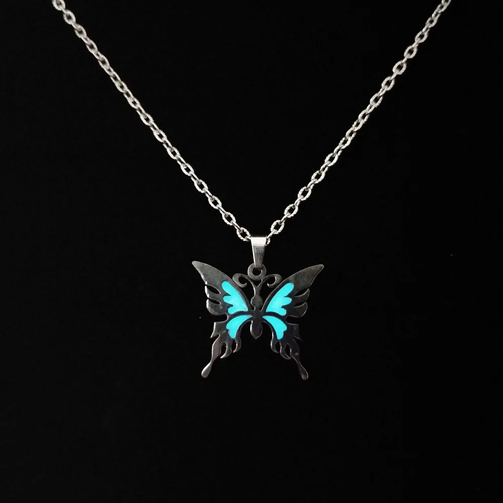 

Fashion Creative Glowing Butterfly Pendant Necklace For Women Stainless Steel Chain Luminous Choker Male Jewelry Gifts