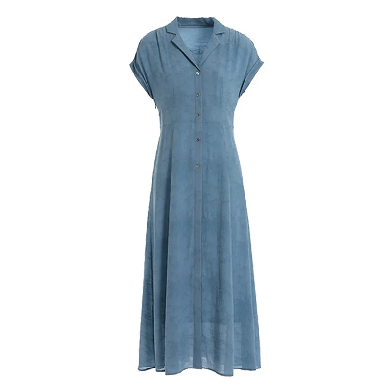

Gowani Summer Women 100% silk Blue Classy Fashion notched collar botton up front banded empire waist midi dress