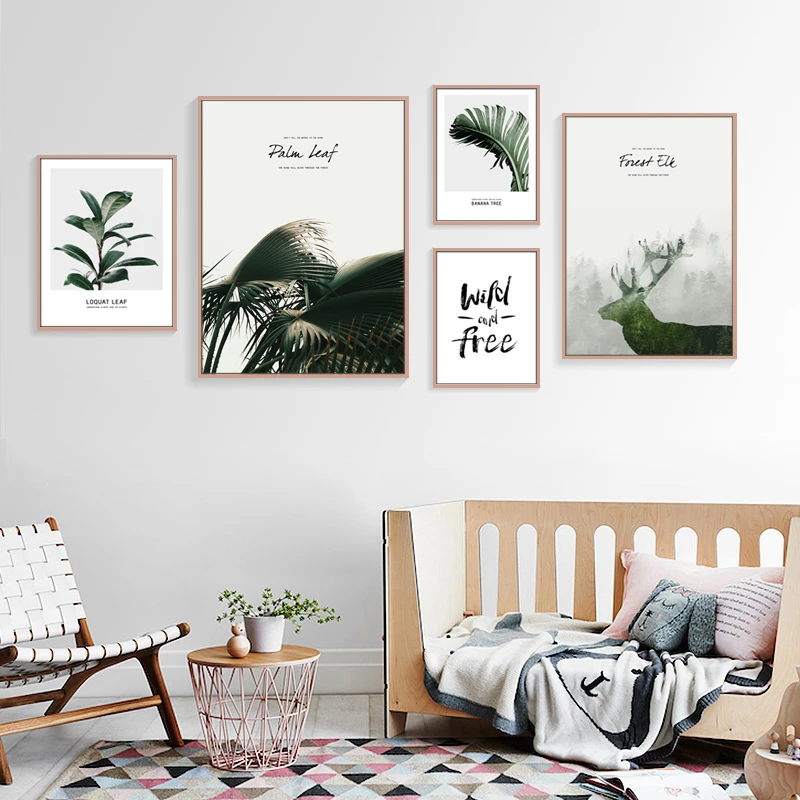 Скандинавский пейзаж зеленое дерево олень лес силуэт холст живопись растение