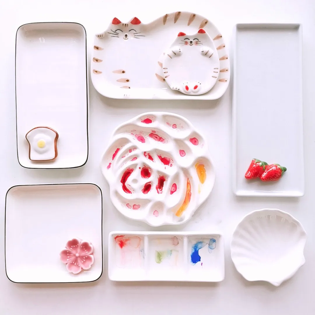 

Ceramic palette Watercolor Painting Dish Kawaii kitten White Porcelain Color Palette Office profession painting Art Supplies