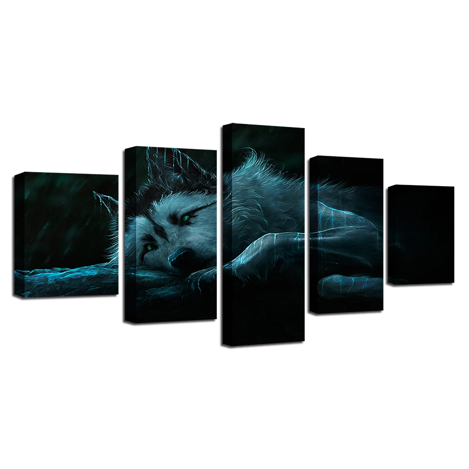 

Framework Posters Modular 5 Pieces HD Printing White Wolf Green Eyes Pictures Wall Art Decor Living Room Animal Canvas Paintings
