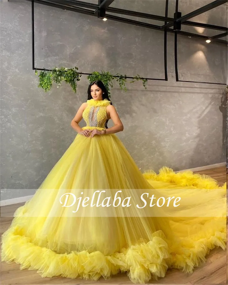 

High Neck Evening Dresses Ruffle Quinceanera Gown Long Train Tulle Yellow vestidos de 15 años 2021 vestido quinceanera