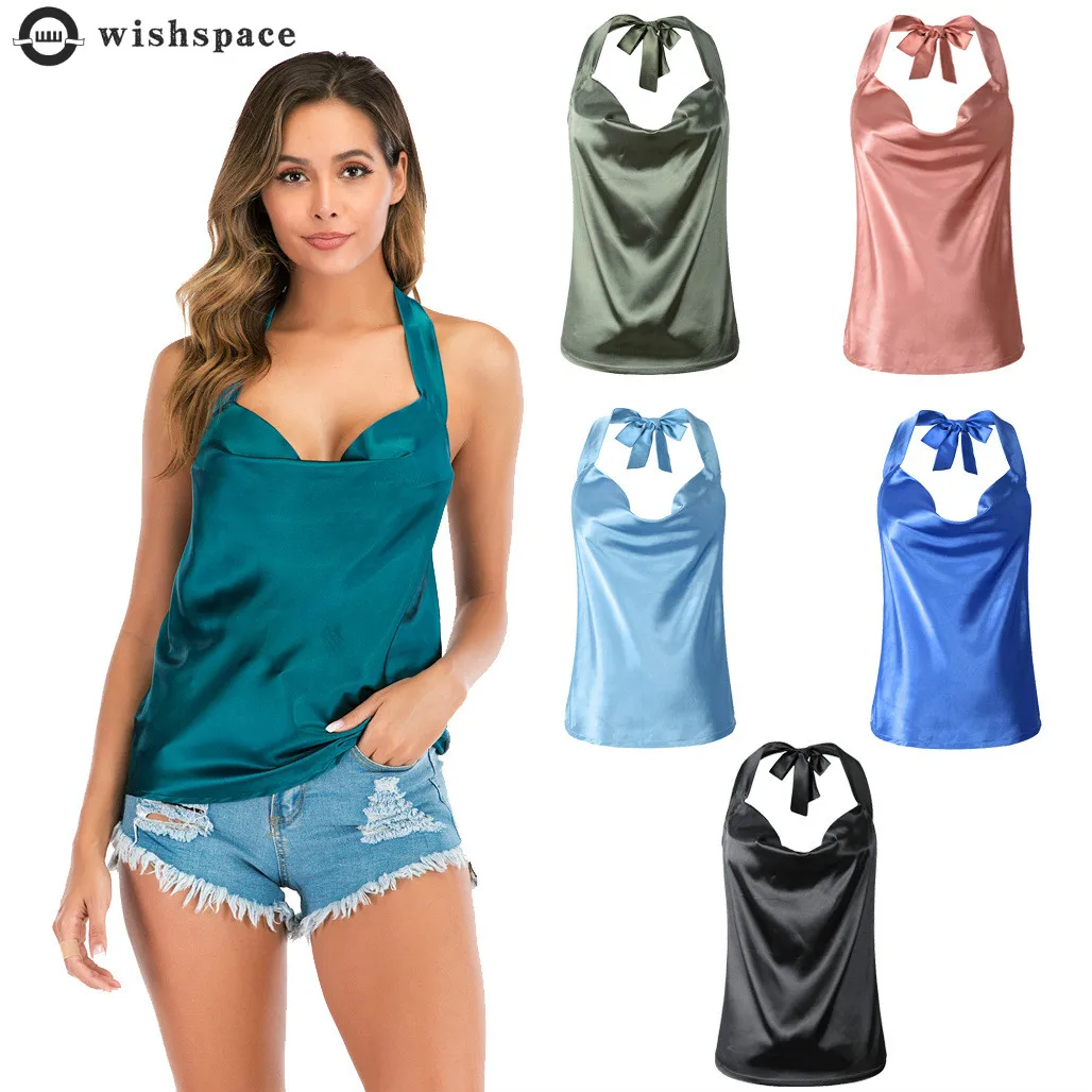 

Wishspace solid color hanging neck small vest bottom simulation silk chiffon shirt top women summer popular in Europe and Americ