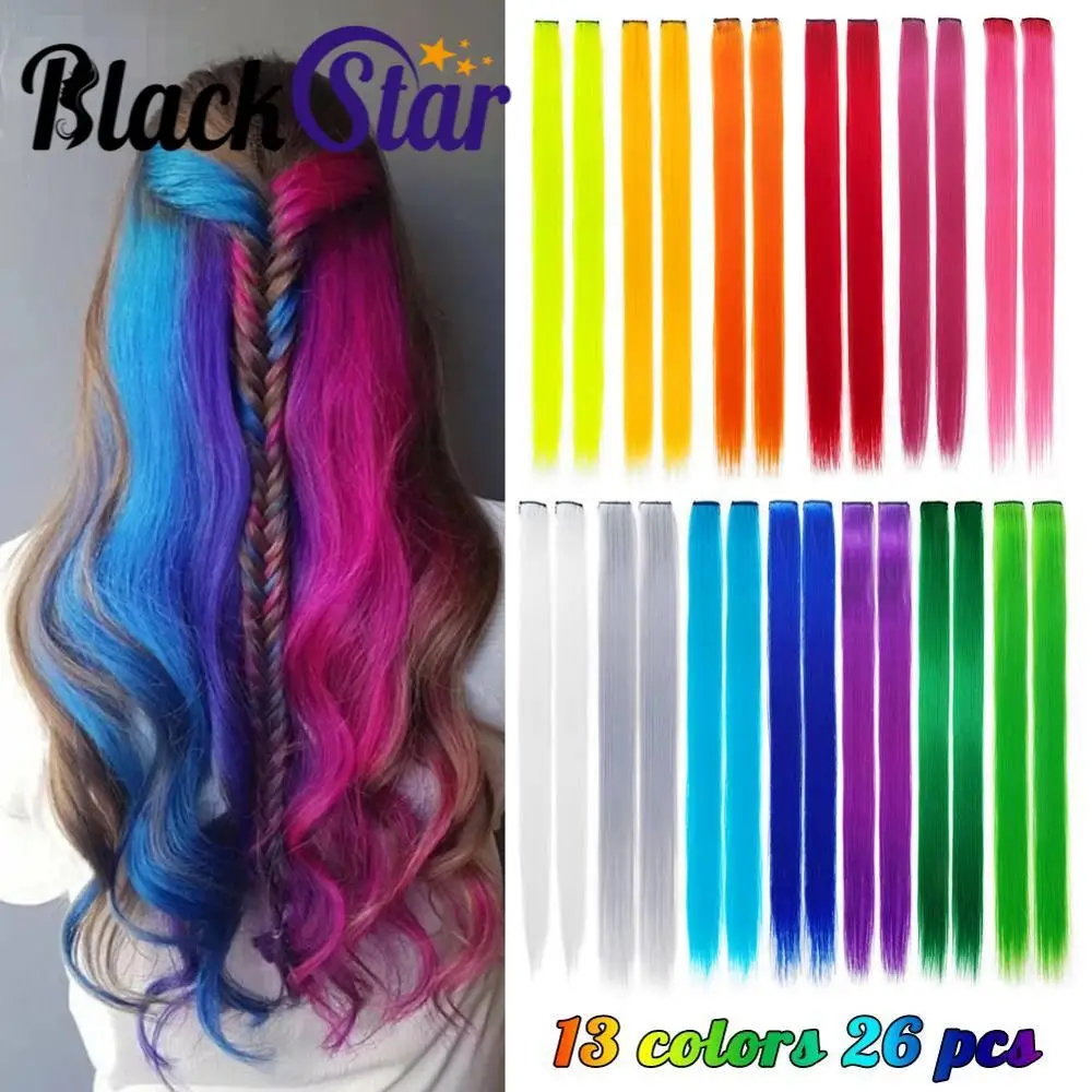 Black Star Colored Party Highlights Clip in Hair Extensions for Girls 20 Inches Multi-colors Straight Hair Synthetic Hairpieces