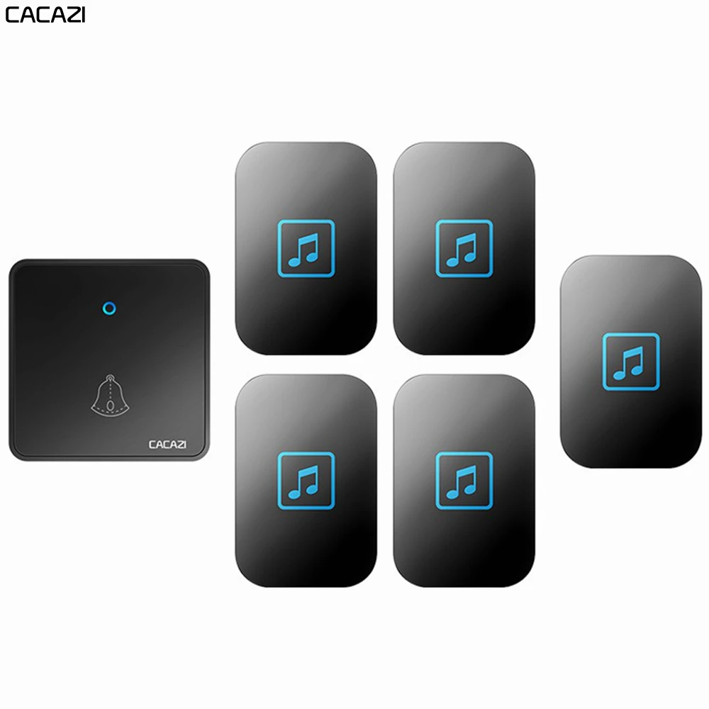 

CACAZI Home Wireless Doorbell Waterproof 300M Remote 60 Ring CR2032 Battery 1 Transmitter 5 Receiver US EU UK Plug 0-110DB Chime