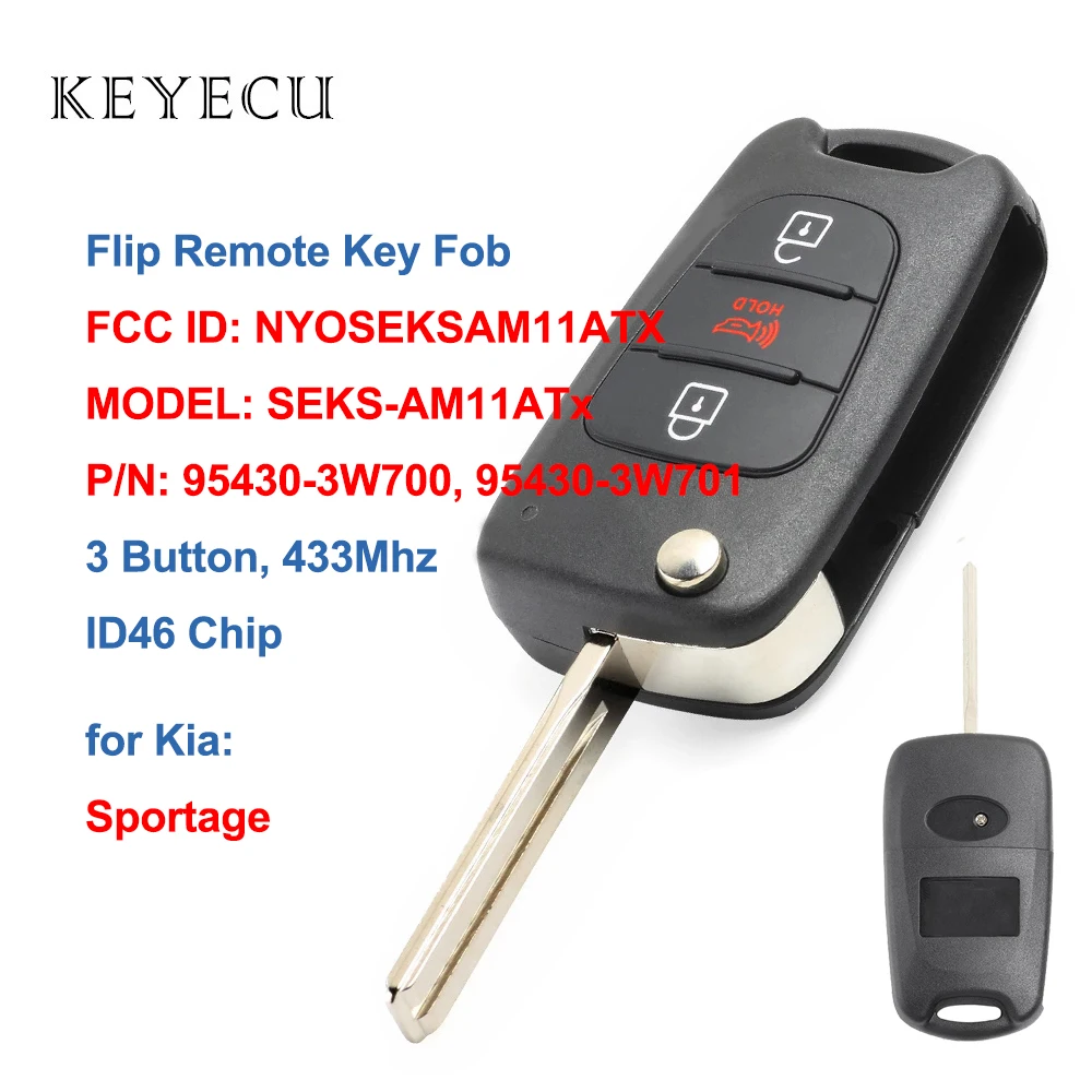 Keyecu Flip pieghevole telecomando 3 pulsanti 433Mhz ID46 Chip per Kia Sportage 2010 2011 2012 2013 NYOSEKSAM11ATX, 95430-3W700