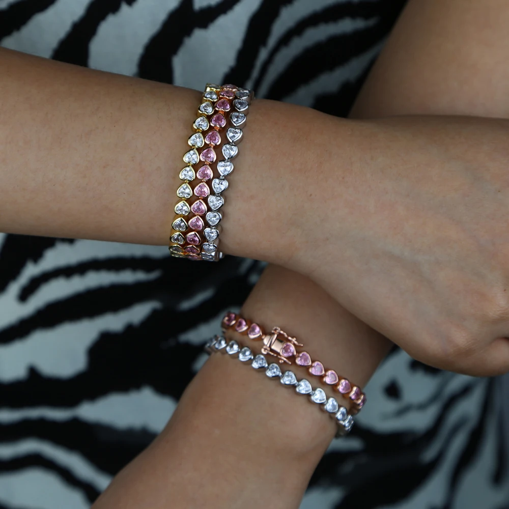 2021 Новый льдом AAA кубическим цирконием в форме сердца Теннисный браслет цепочка