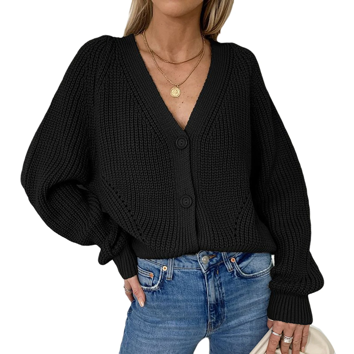 

Women Long Sleeve Button Knit Cardigan Top Solid Color Female Puff Sleeve V-neck Knitwear Autumn Winter Top