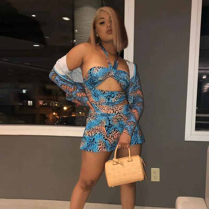 Camouflage leopard Printed Hollow Out Halter Crop Tops and High waist Mini Skirt Summer beach Party Club Sets 2 Piece Suits |