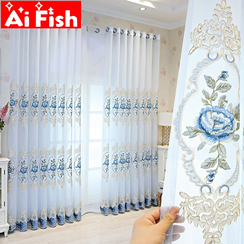 

Blue Peony Embroidered Window Screening Tulle Curtain for Living Room European Restaurant kichen deacoration Sheer Panel MY541#3