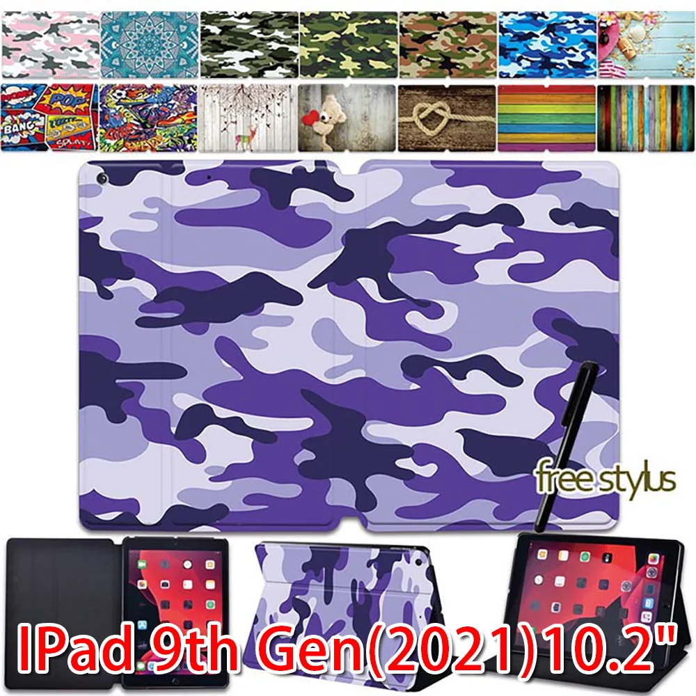 

Tablet Case for Funda IPad 10.2 Inch 9th Generation 2021 PU Leather Stand Full Protective Cover + Free Stylus