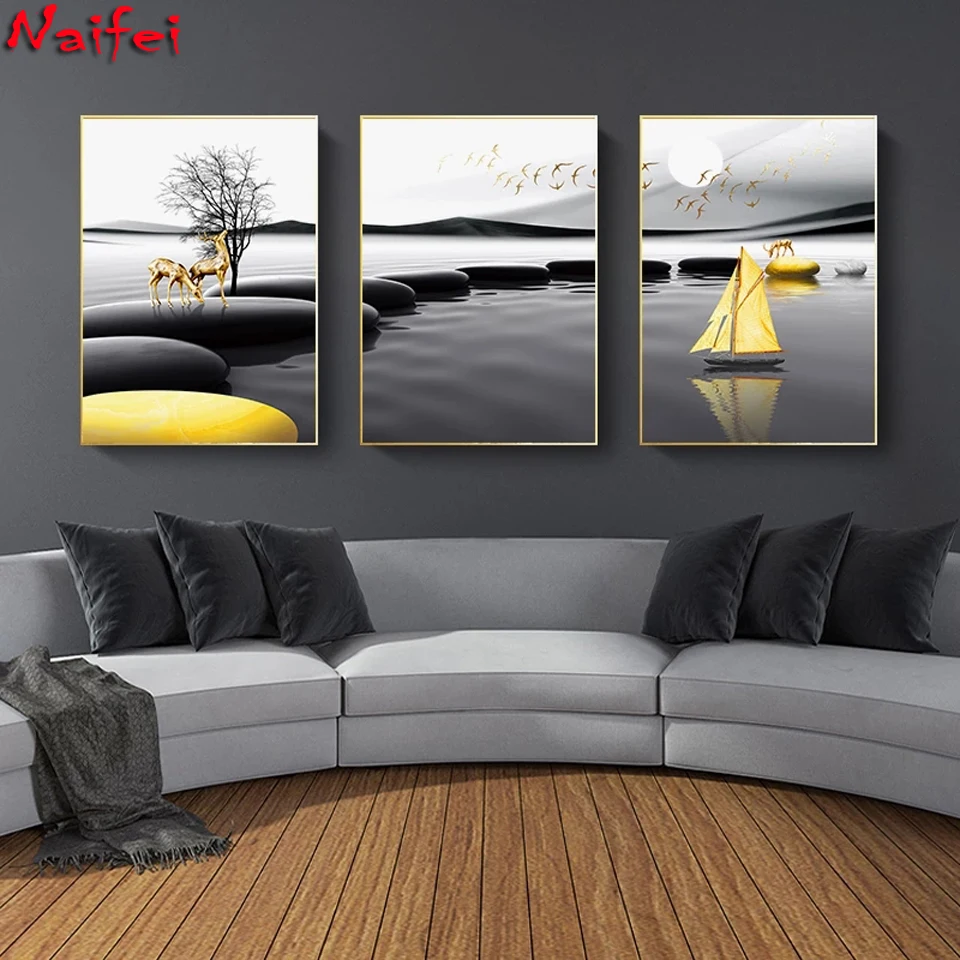 

Modern Landscape Poster Black Yellow Stone Boat Deer Wall Art Diamond Painting Nordic 3pcs Wall Pictures Living room Decoration