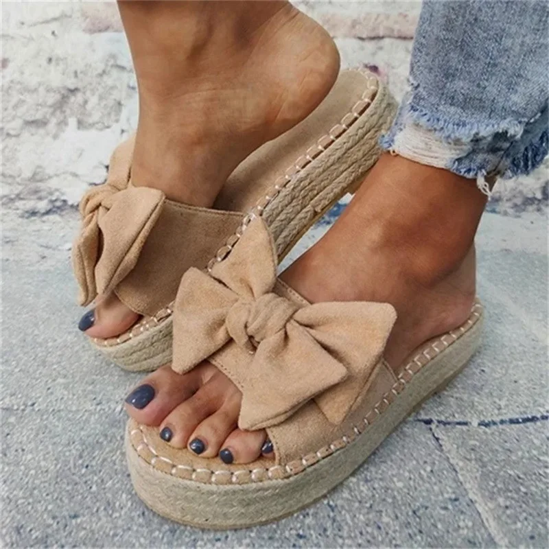 

Women Bowknot Slippers 2021 Hot Summer Casual Beach Muffin Slip on Platform Ladies Sandals Dress Party Peep Toe Female Sandals