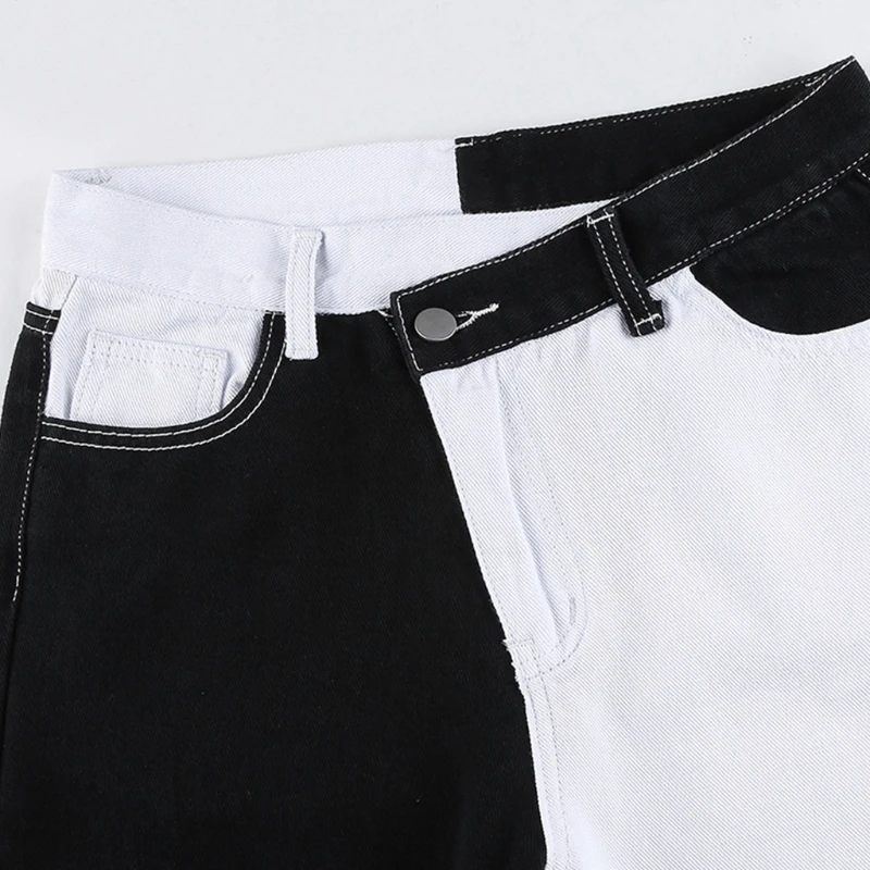 

Women Black White Patchwork Jeans Asymmetrical Mid Waist Contrast Color Denim Pants Harajuku Loose Straight Leg Trousers