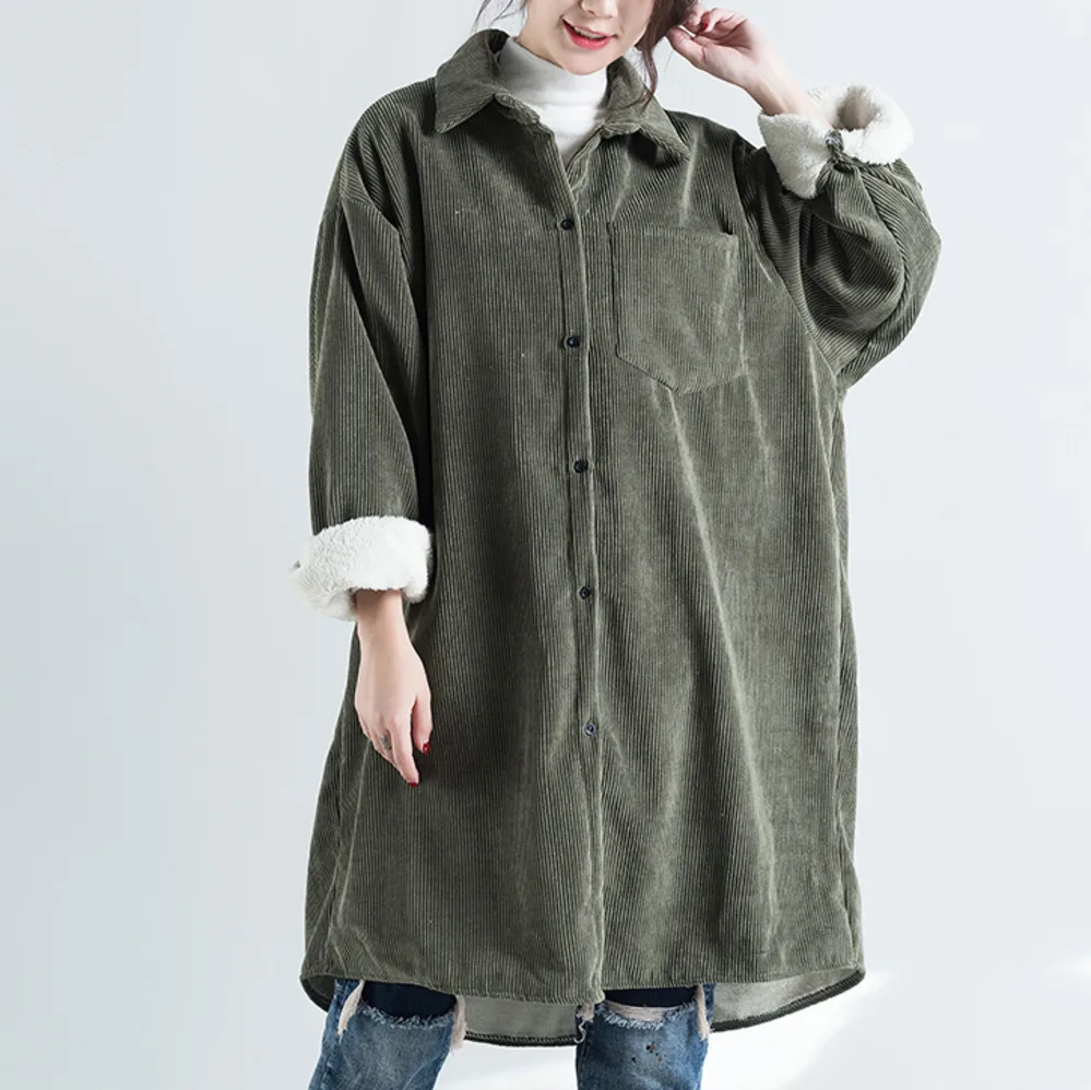 Женское вельветовое пальто длинное однобортное Свободное с отложным воротником