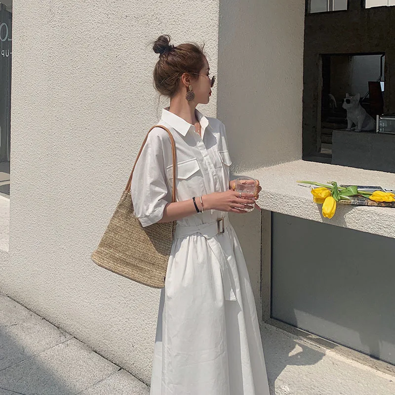 

2021 Elegant Series Spring Summer Fashion Bandage White Half Sleeve Sexy Dress Long Korean Office High Quality Women Clothing