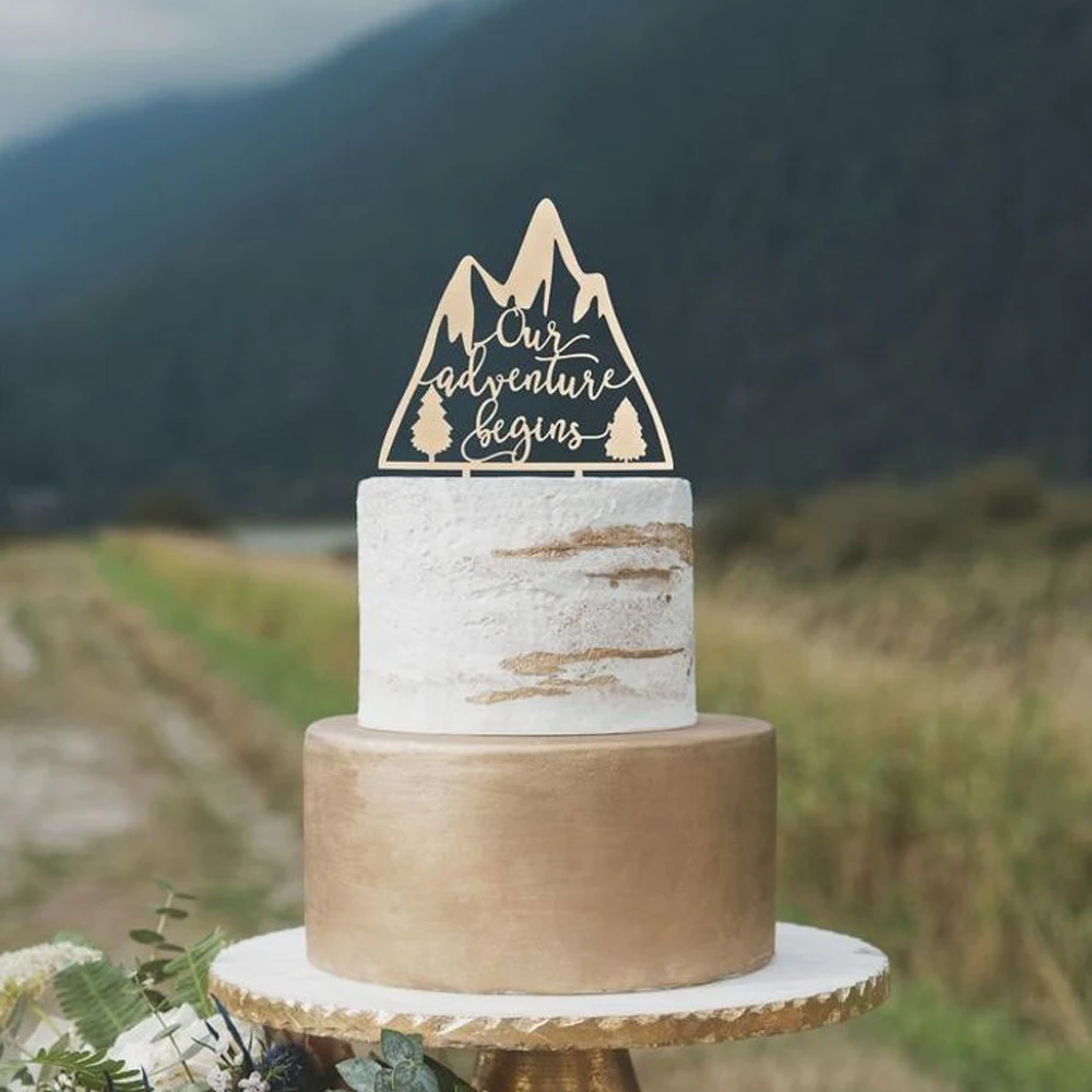 

Mountain Rustic Wedding Cake Topper,The Theme Our adventure begins Cake Topper in Wood or Gold Mirror and Glitter For Engagement