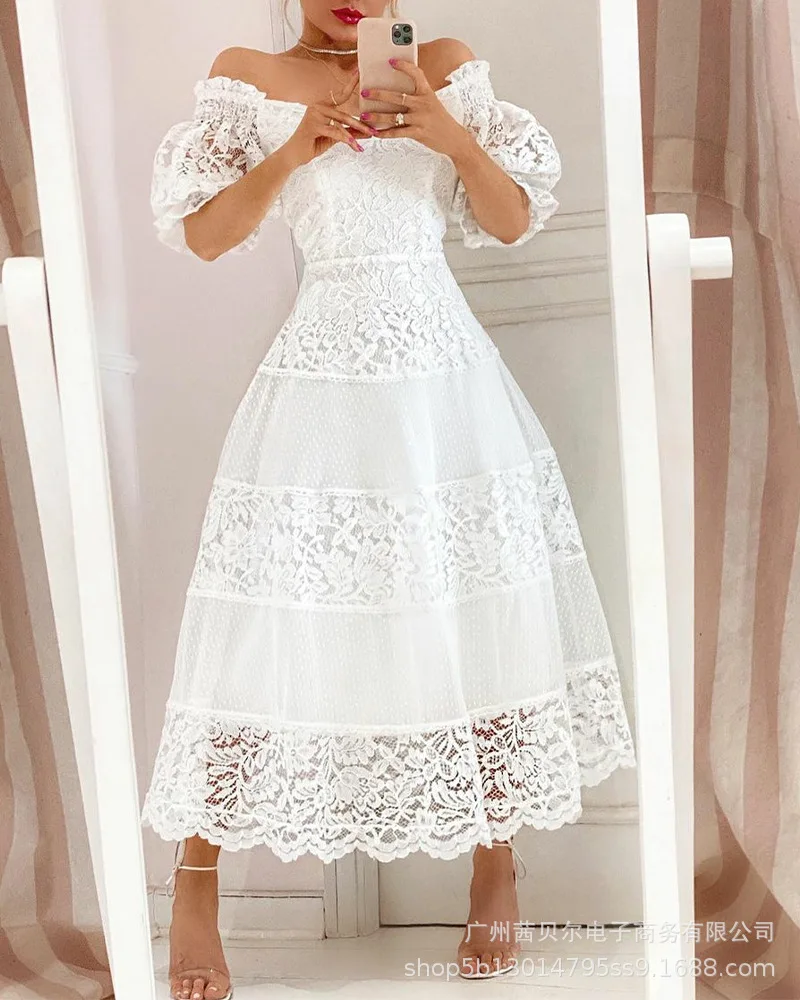 

2021 women's new V-neck lace splicing large swing dress