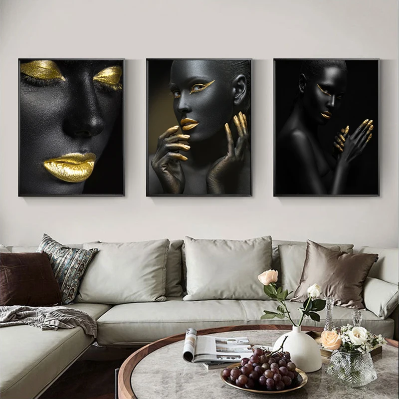 

Canvas Painting Aesthetic Abstract African Figure Black Hands Golden Lips Posters And Nude Art Prints Of Women For Living Room