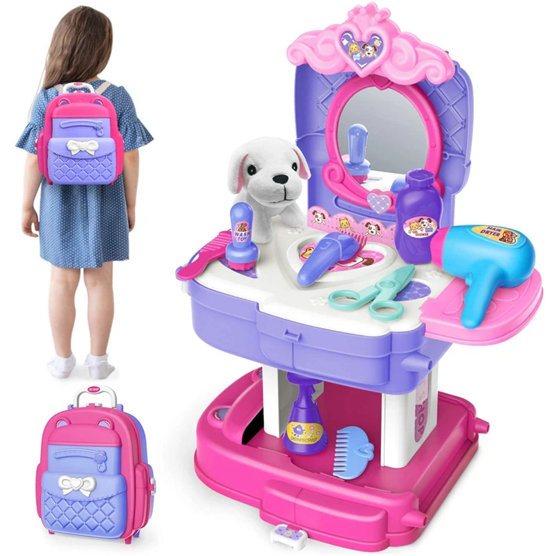 

Kids Pet Care Grooming Toy Pet Beauty Salon Toys Set Dog Care Role Play Backpack Games Pretend Play Toy Pet Groomer Kit