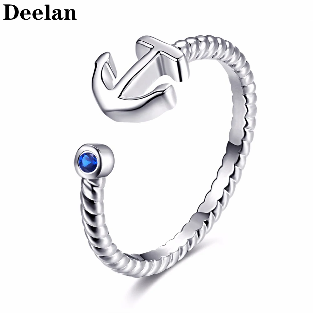 Женское кольцо с синим кристаллом DEELAN регулируемое якорем и серебристым