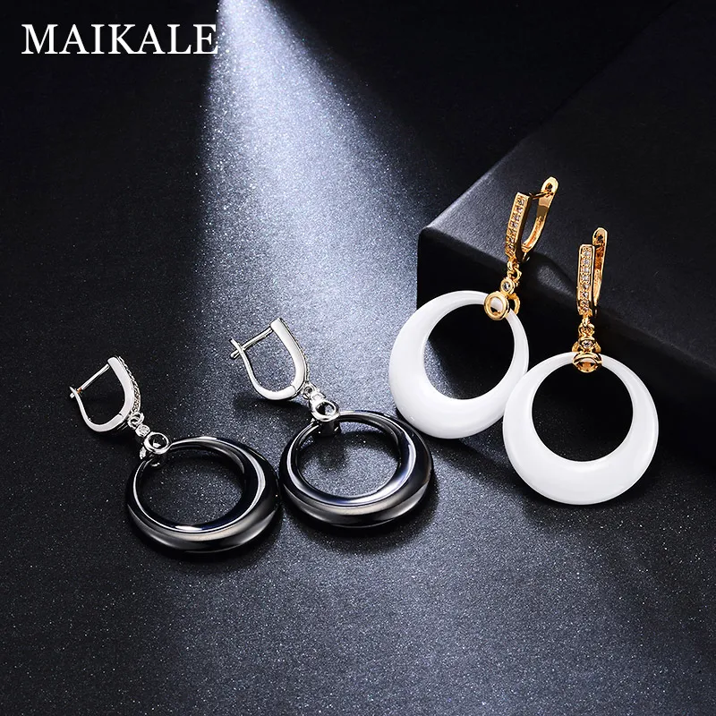MAIKALE, корейская мода, черные, белые керамические серьги для женщин, золотые, серебряные, кубический цирконий, циркон, капля воды, висячие серьги, ювелирные изделия